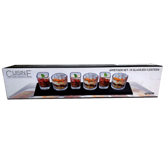 Tapasplank Leisteen Met 6 Glaasjes - 42X8 Cm - Aperatief Set