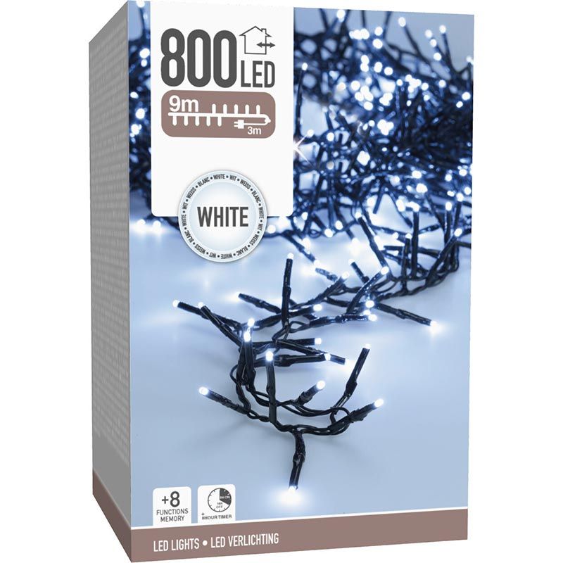 Maxi Cluster Kerstverlichting - 800 Led - 12M - Wit - Timer - Lichtfuncties - Geheugen - Buiten