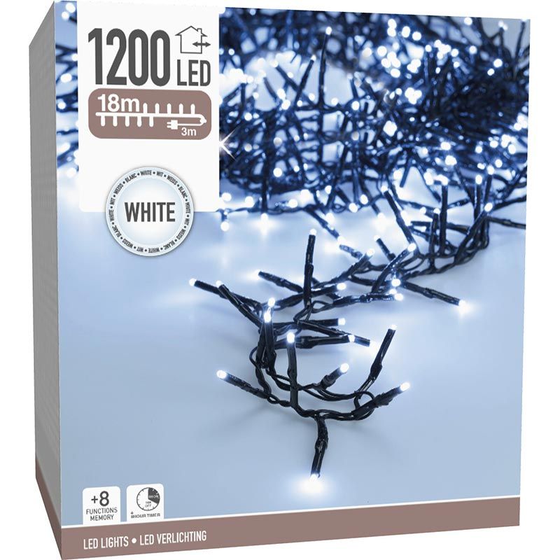 Maxi Cluster Kerstverlichting - 1200 Led - 18M - Wit - Timer - Lichtfuncties - Geheugen - Buiten