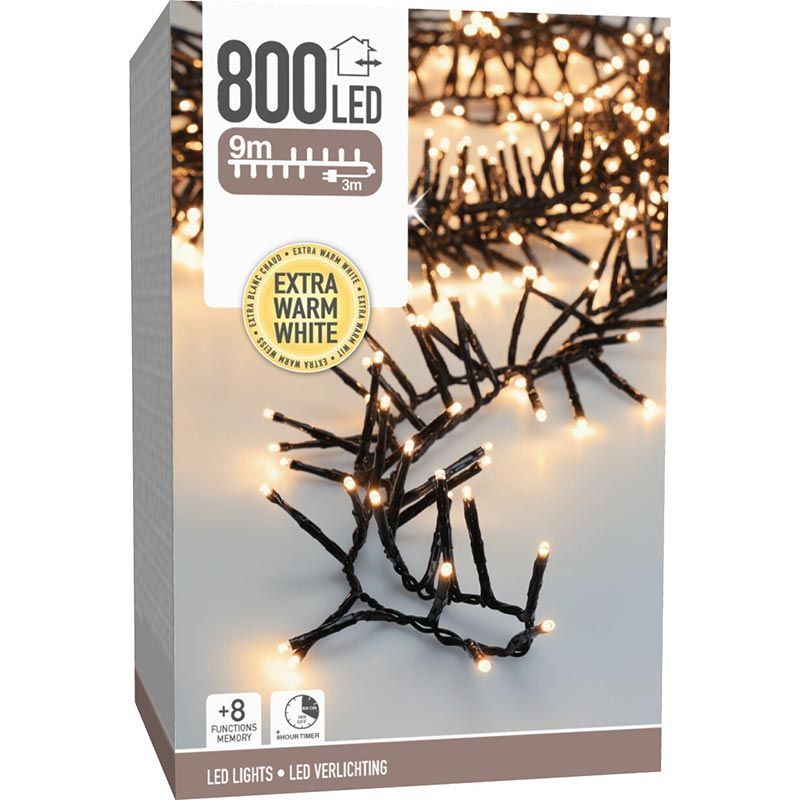 Maxi Cluster Kerstverlichting - 800 Led - 12M - Extra Warm Wit - Timer - Lichtfuncties - Geheugen - Buiten