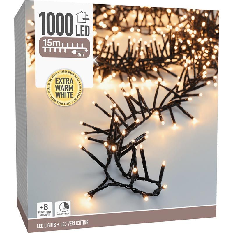 Maxi Cluster Kerstverlichting - 1000 Led - 15M - Extra Warm Wit - Timer - Lichtfuncties - Geheugen - Buiten