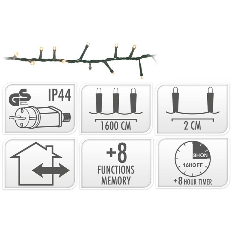Microcluster - 800 Led - 16M - Extra Warm Wit - Timer - Lichtfuncties - Geheugen - Buiten
