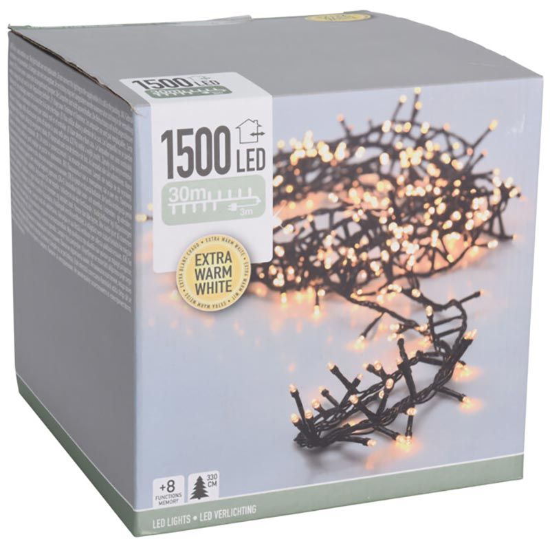 Microcluster - 1500 Led - 30M - Extra Warm Wit - Timer - Lichtfuncties - Geheugen - Buiten