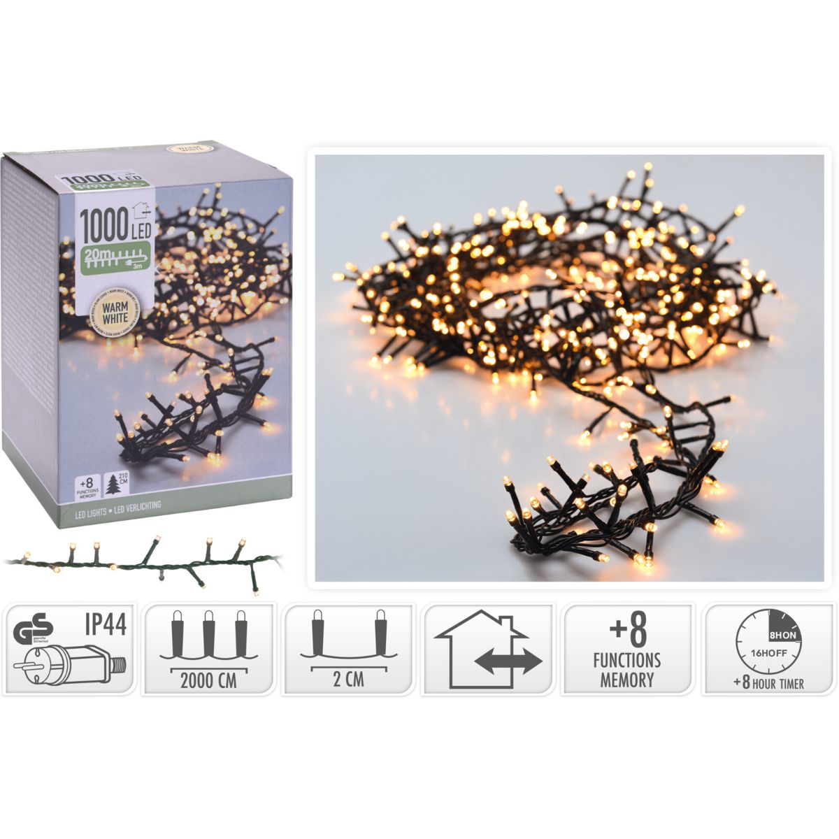 Microcluster - 1000 Led - 20M - Warm Wit - Timer - Lichtfuncties - Geheugen - Buiten