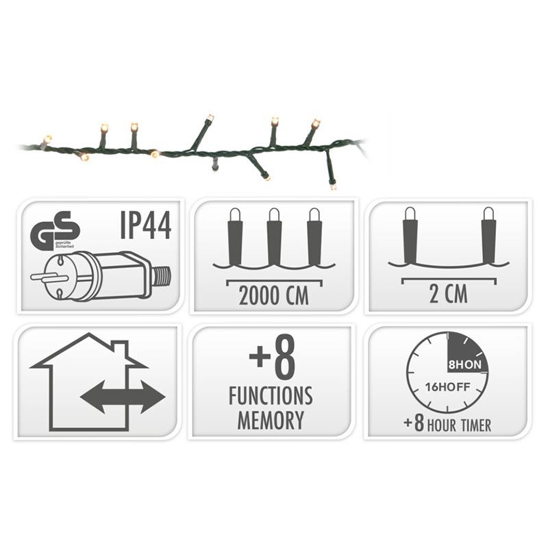 Microcluster - 1000 Led - 20M - Warm Wit - Timer - Lichtfuncties - Geheugen - Buiten