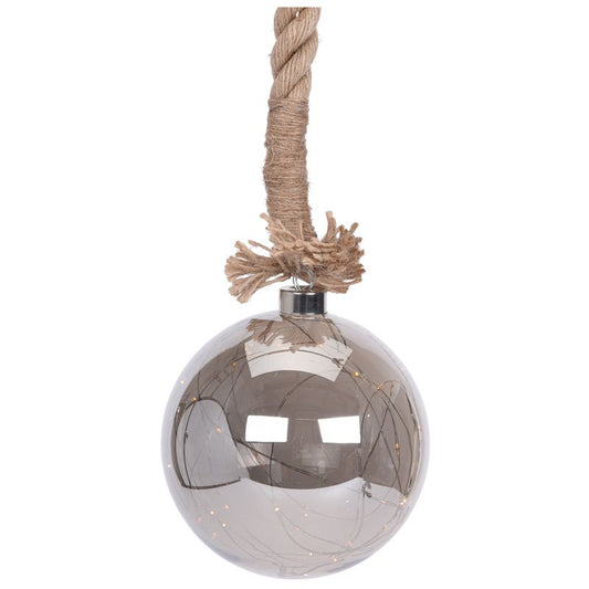 Glazen Bal Met 30 Led's - 15Cm - Jute Touw 100Cm