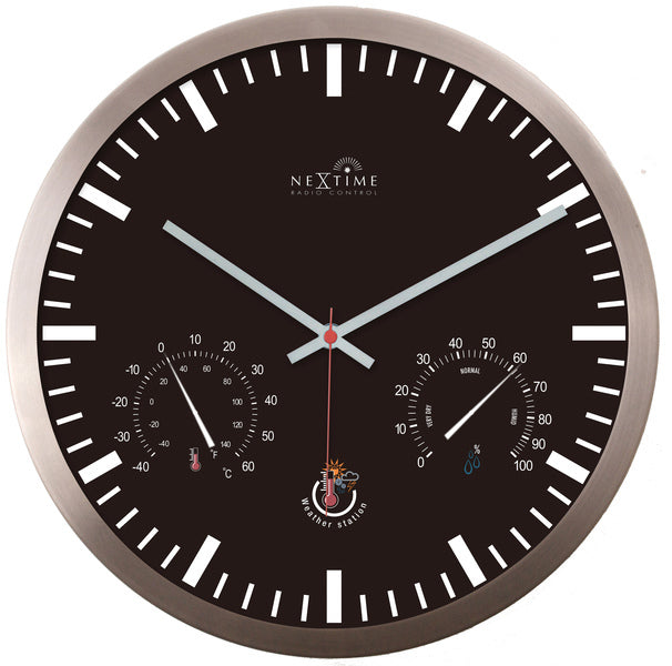 Nextime Ne-90513Zw Wandklok + Weerstation 25Cm Zwart Rc Aluminium