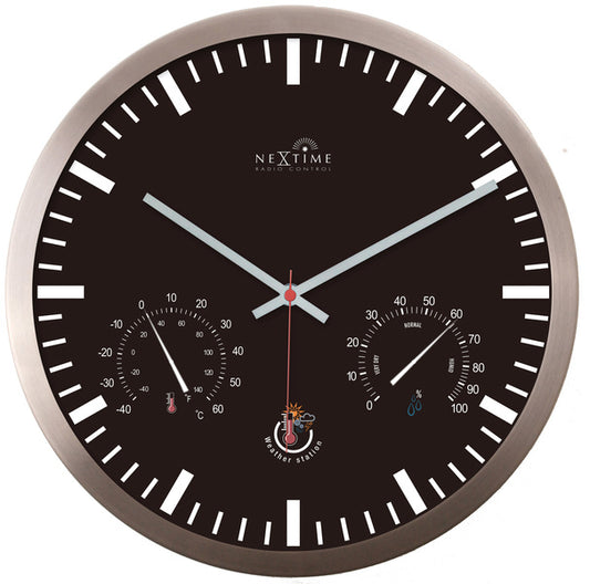 Nextime Ne-90513Zw Wandklok + Weerstation 25Cm Zwart Rc Aluminium