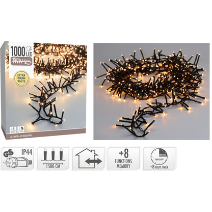 Maxi Cluster Kerstverlichting - 1000 Led - 15M - Extra Warm Wit - Timer - Lichtfuncties - Geheugen - Buiten