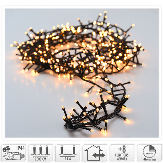 Microcluster - 1000 Led - 20M - Warm Wit - Timer - Lichtfuncties - Geheugen - Buiten