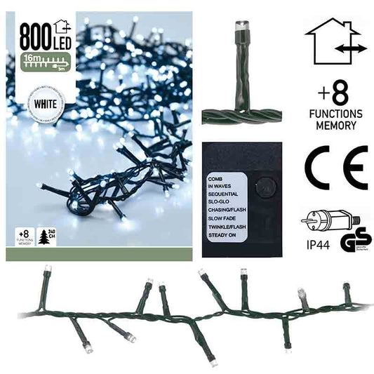 Micro Cluster 800 Led's  - 16 Meter - Wit - 8 Functies + Geheugen